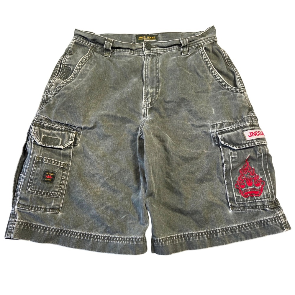 JNCO Jeans Mens 32 Cargo Shorts Green Y2k Baggy Chunky Skater Embroidered Grunge
